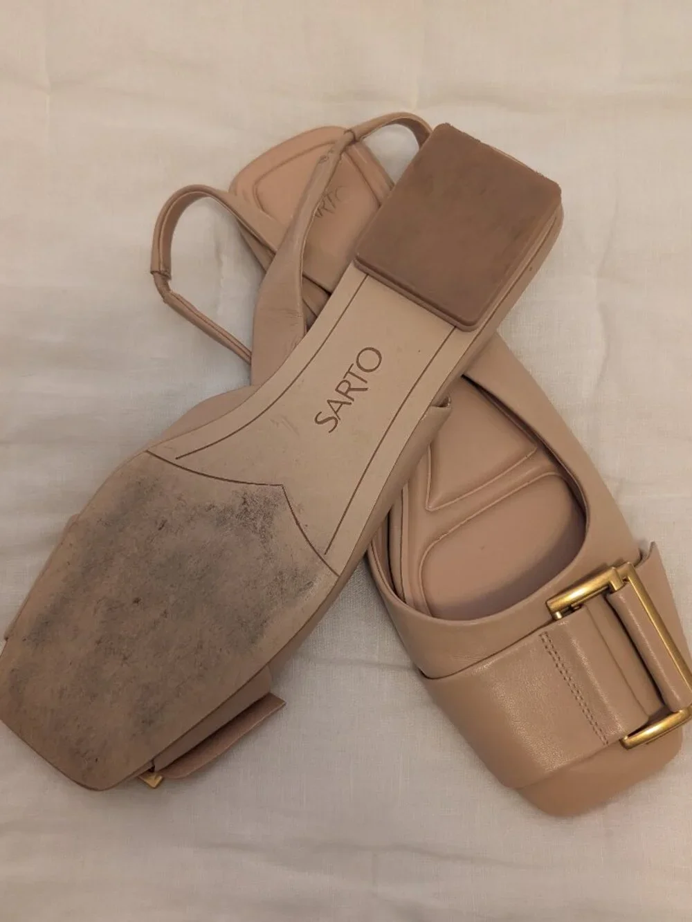 SARTO Nude Leather Square Toe Slingback Flats Gold Buckle Size 9.5